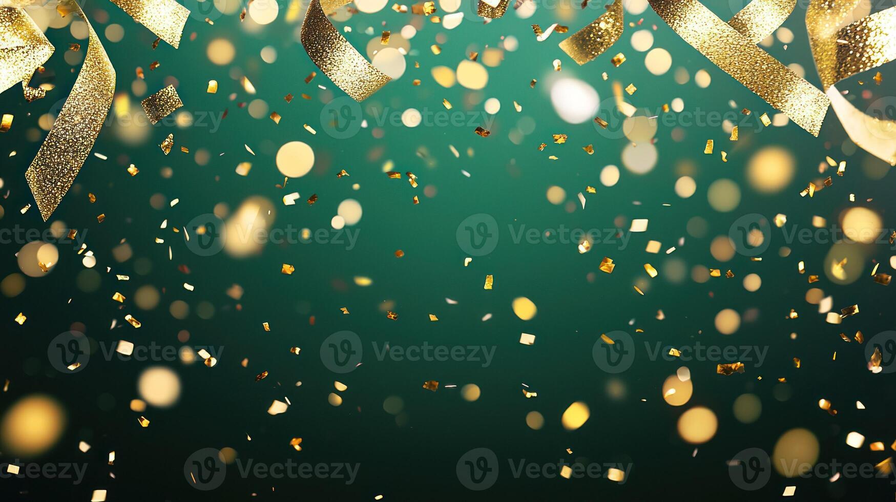 A vibrant background of golden confetti and ribbons celebrating joy. photo