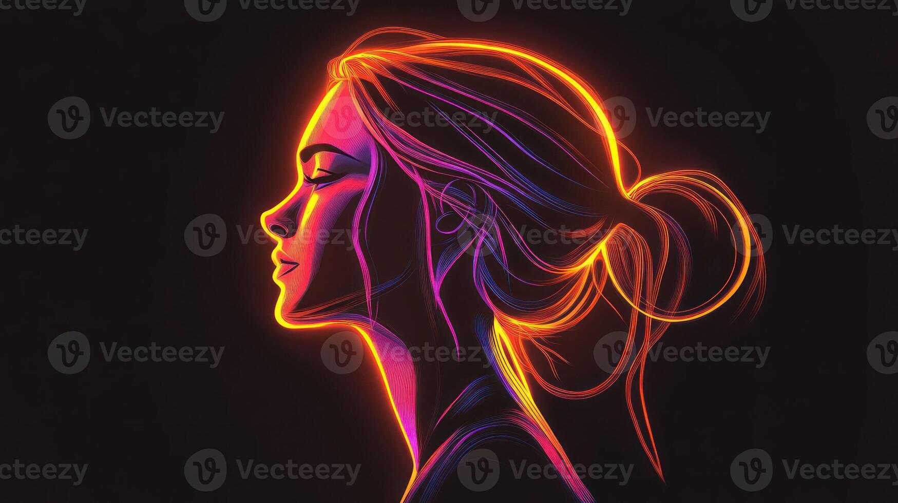 A vibrant neon silhouette of a womans profile against a dark background. photo
