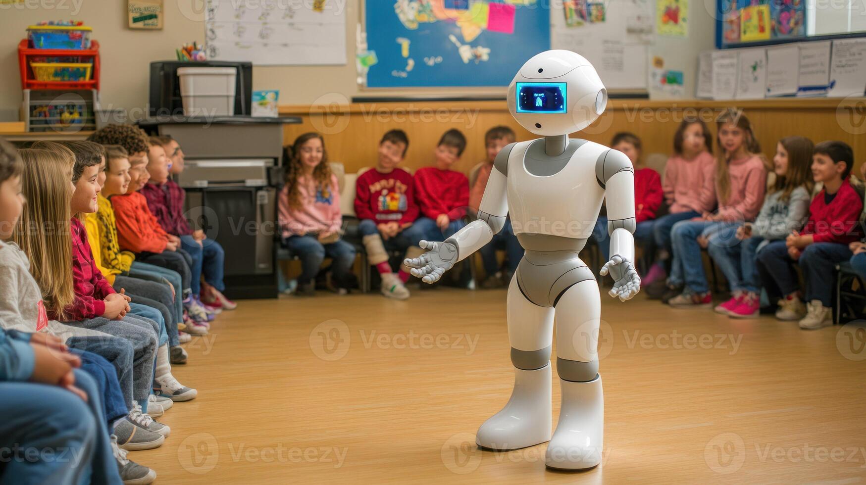 A friendly robot interacting with children in a vibrant classroom setting. photo