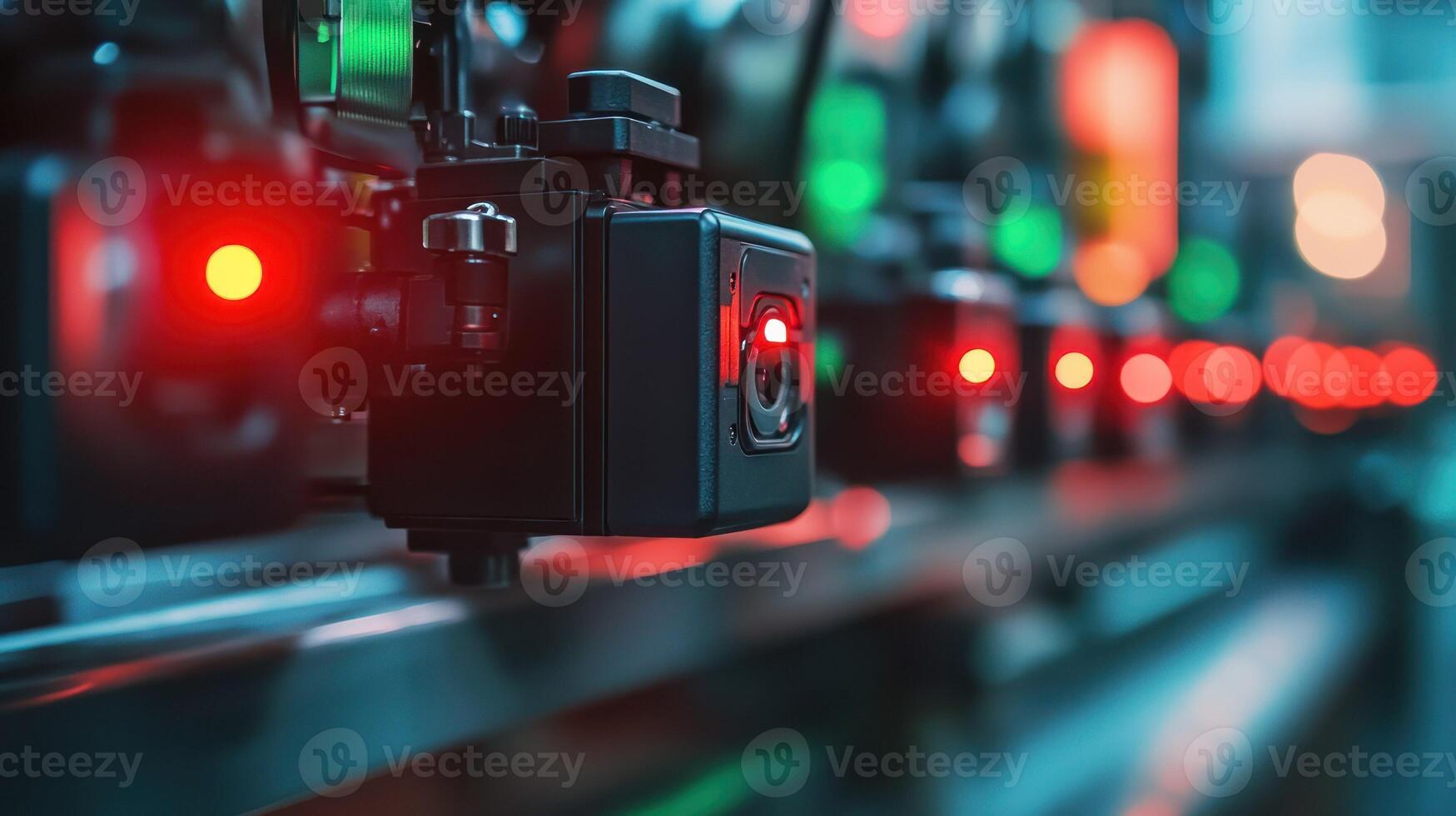 Close up of cameras with glowing red lights in a modern setting. photo
