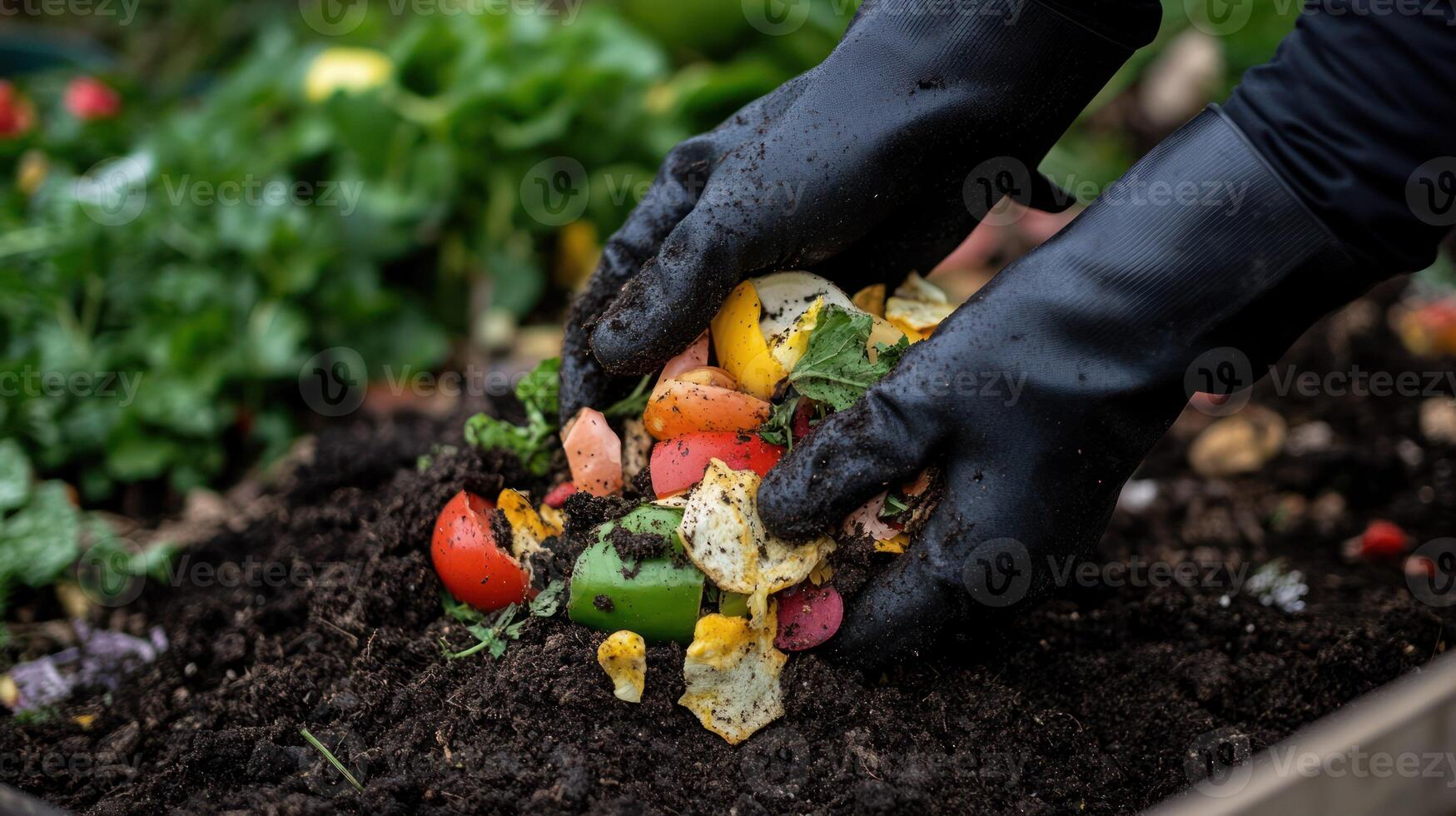 Hands adding organic waste to compost in a vibrant garden setting. photo