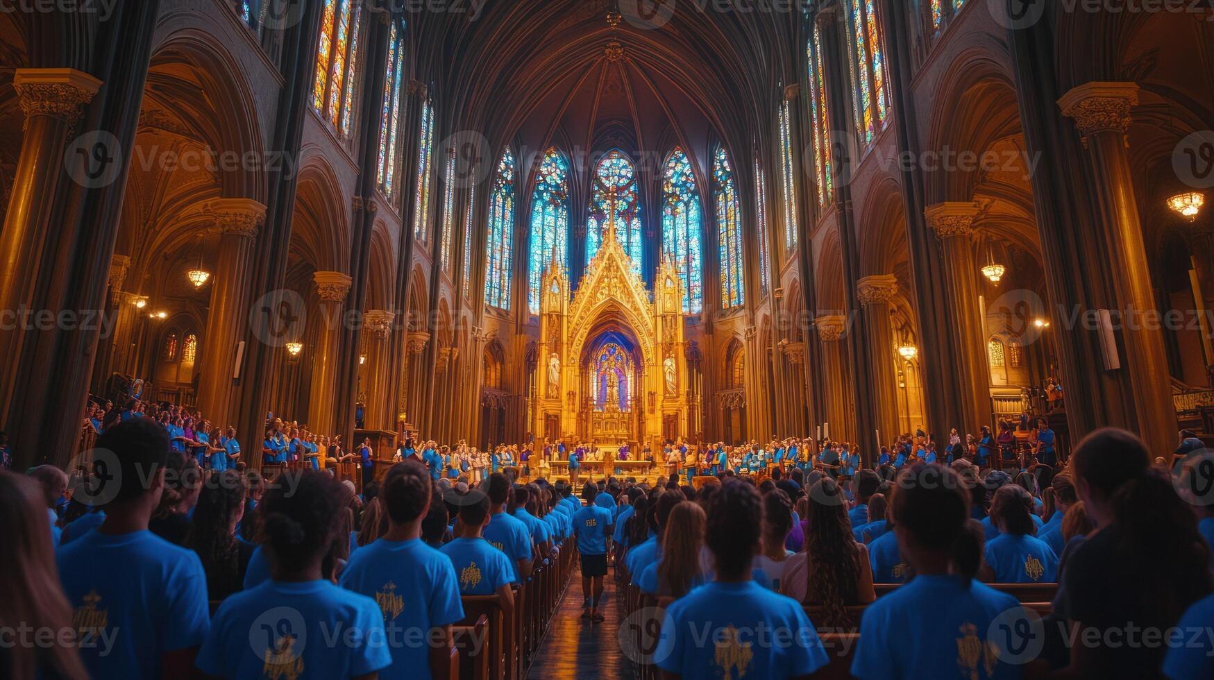 A vibrant choir gathering in a grand cathedral with colorful stained glass. photo