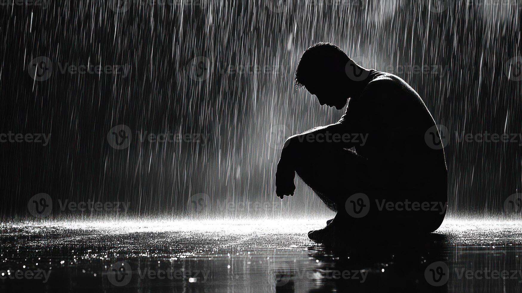 A silhouette of a person seated in the rain, evoking deep emotion. photo