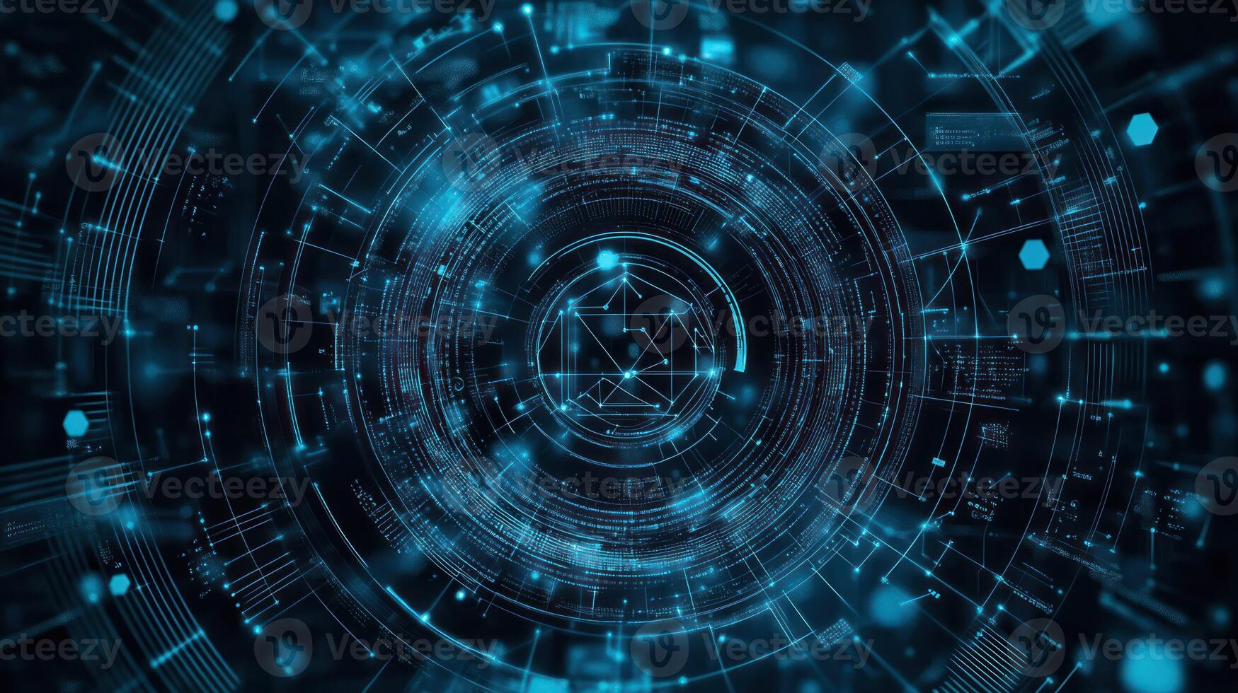 A dynamic futuristic digital design with glowing blue patterns. photo
