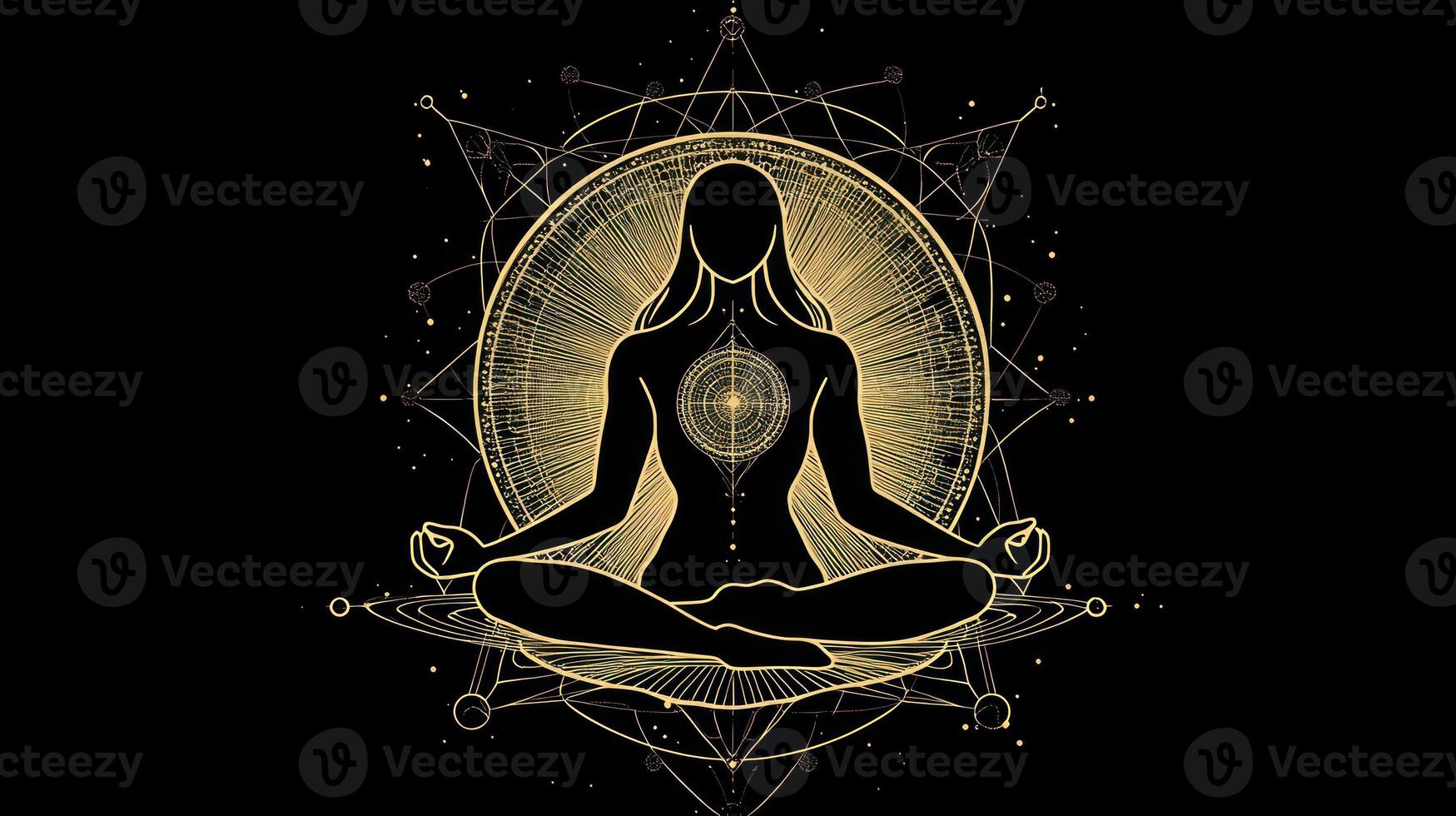 A serene silhouette meditating amidst a cosmic golden backdrop. photo