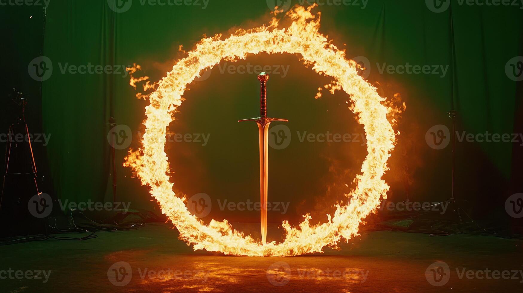 A sword surrounded by a fiery circle, creating an epic atmosphere. photo