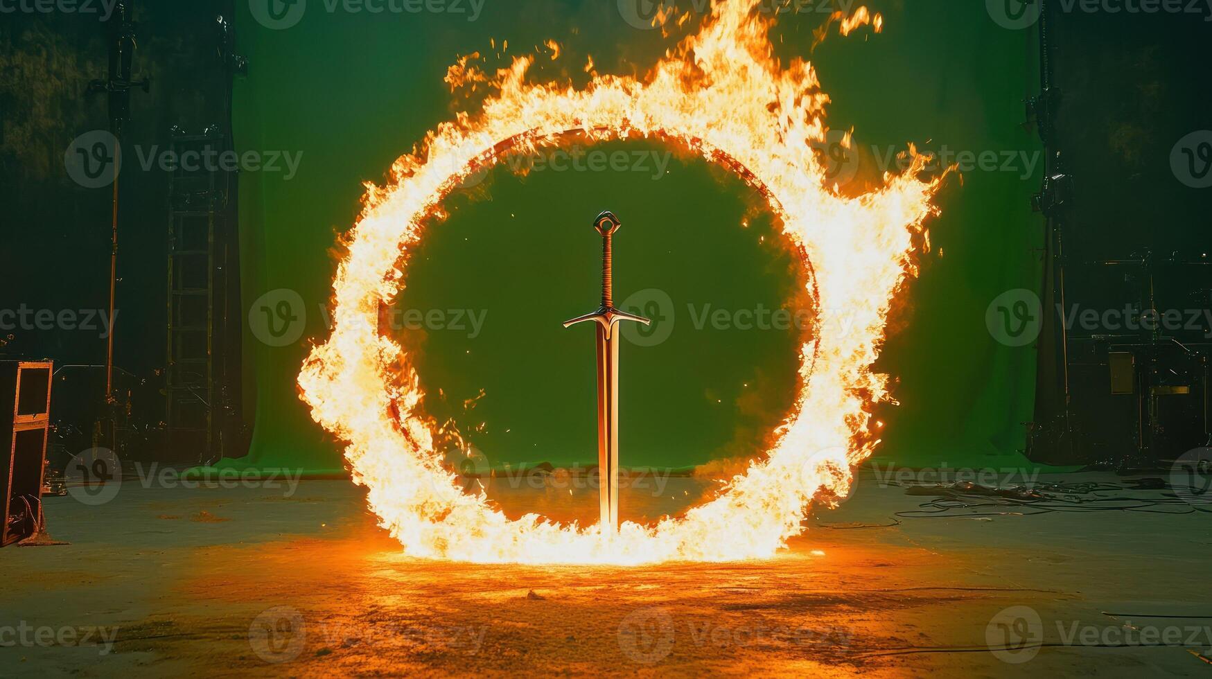 A flaming sword encircled by fire on a green screen stage. photo