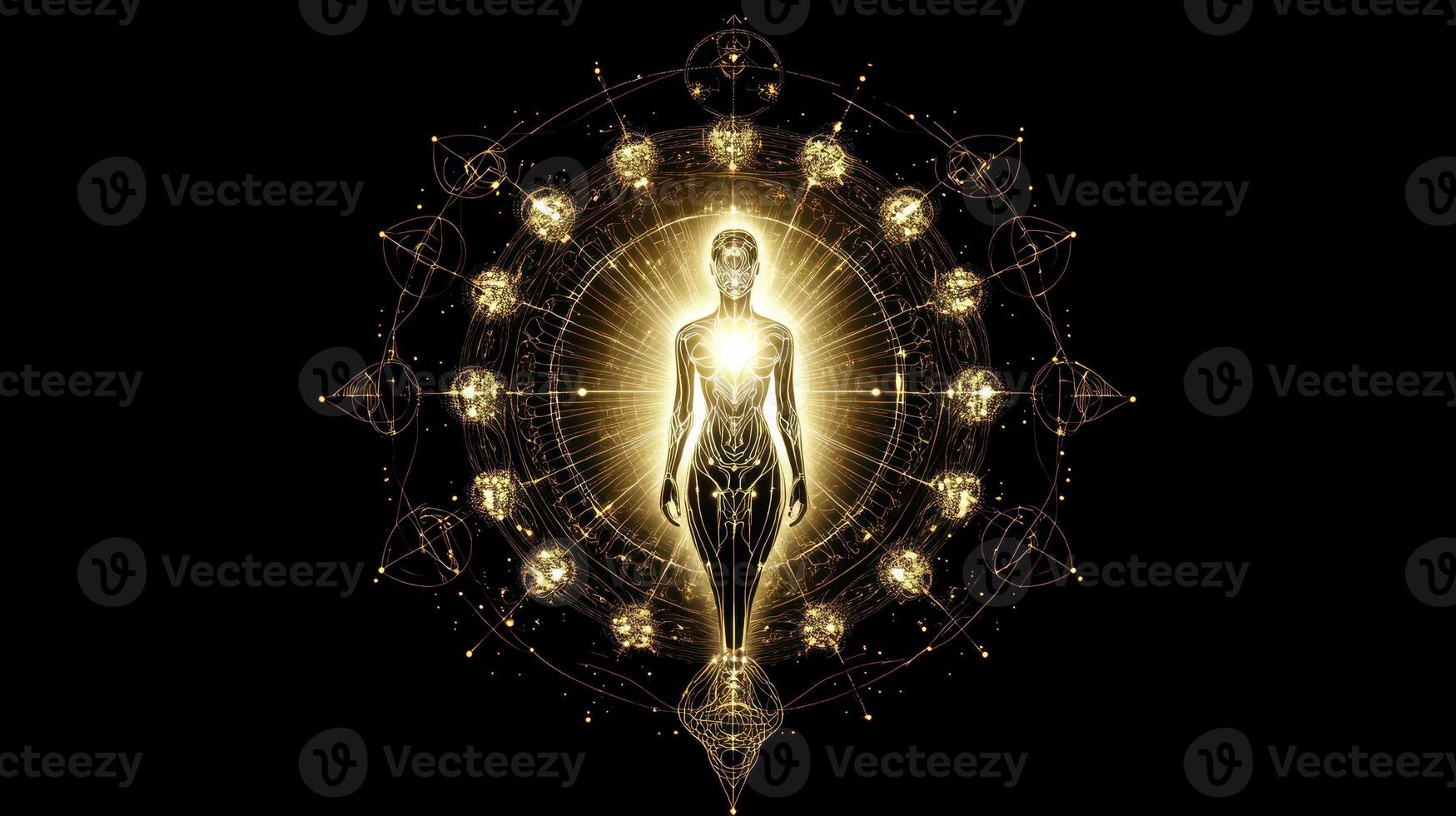 A radiant figure surrounded by golden energy and cosmic symbols. photo