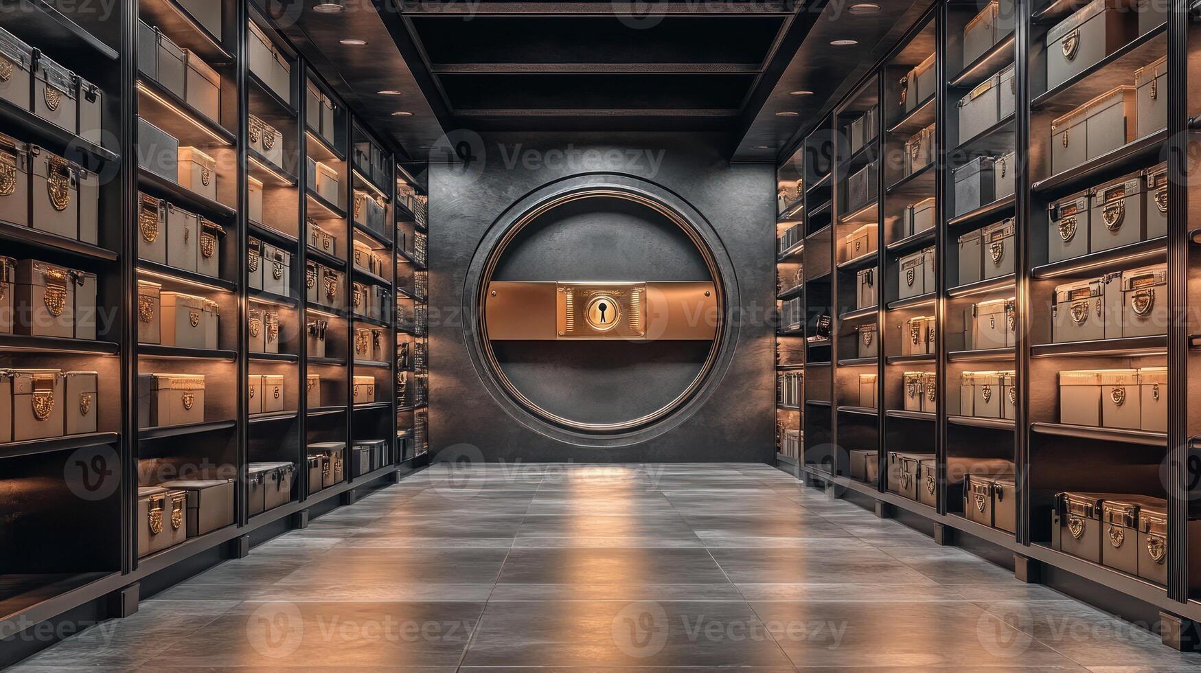 A sleek, modern vault with golden boxes in an elegant, secure space. photo