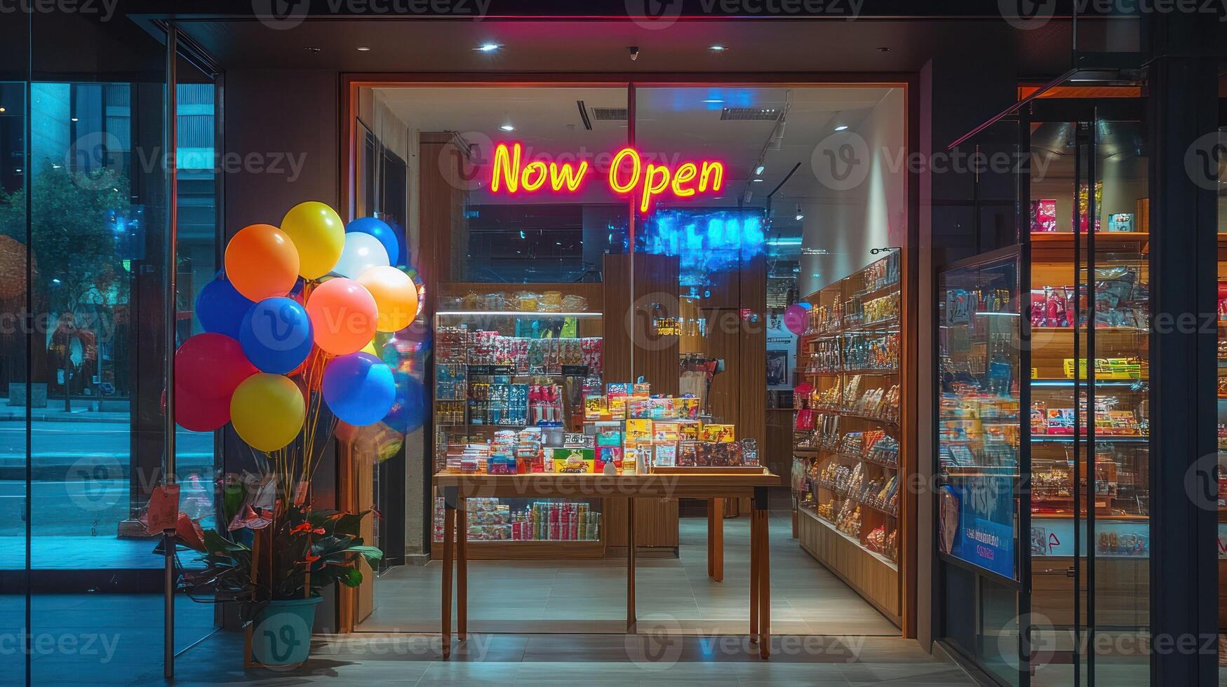 A vibrant storefront with colorful decor and snacks, inviting shoppers in. photo