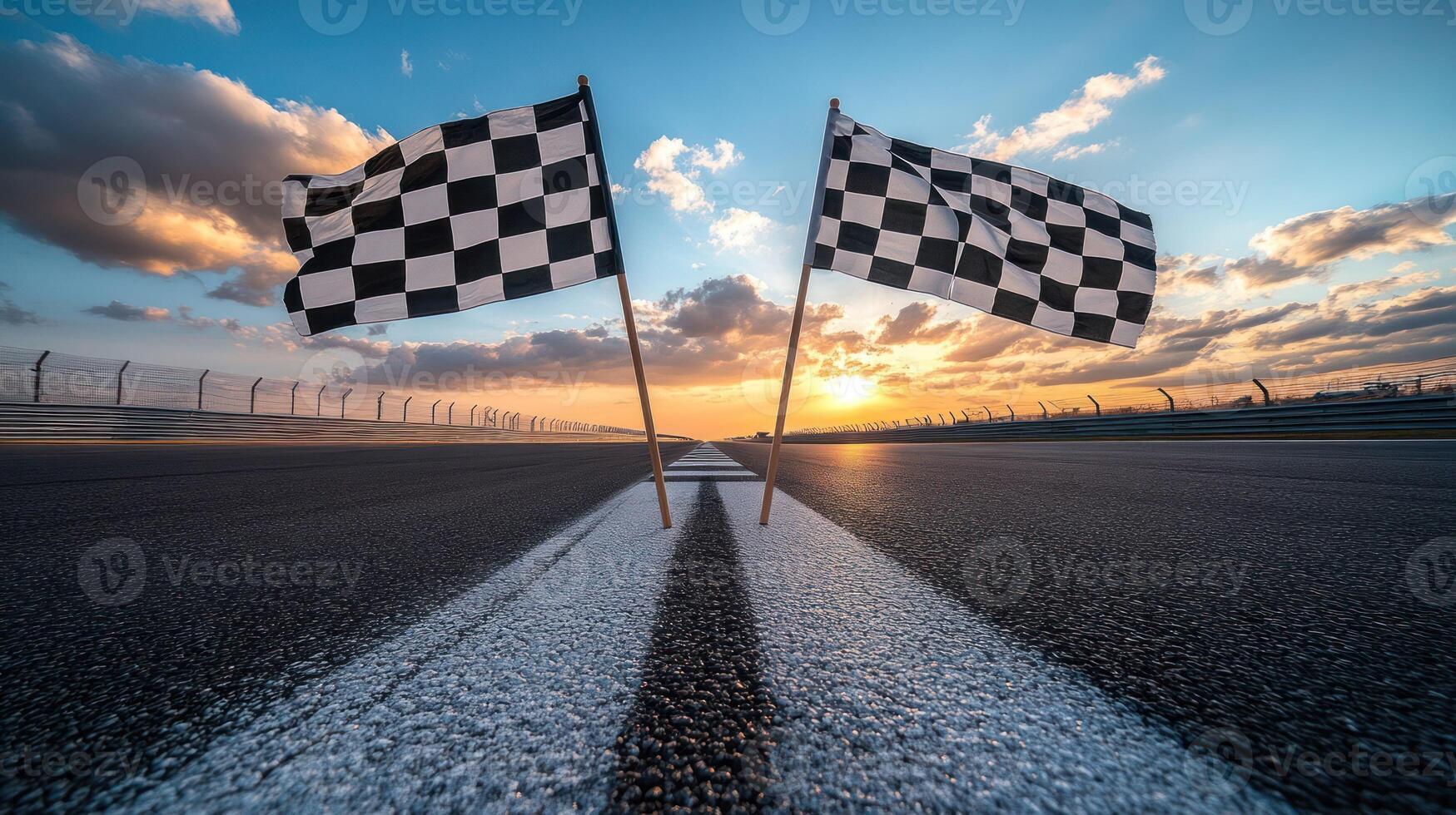 Checkered flags at sunset marking a racetrack ready for competition. photo