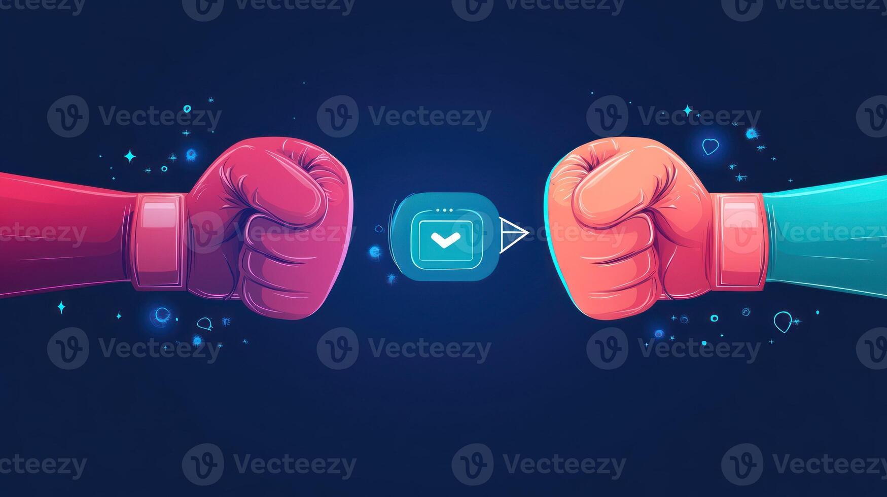 A playful illustration of colorful fists confronting over a message icon. photo