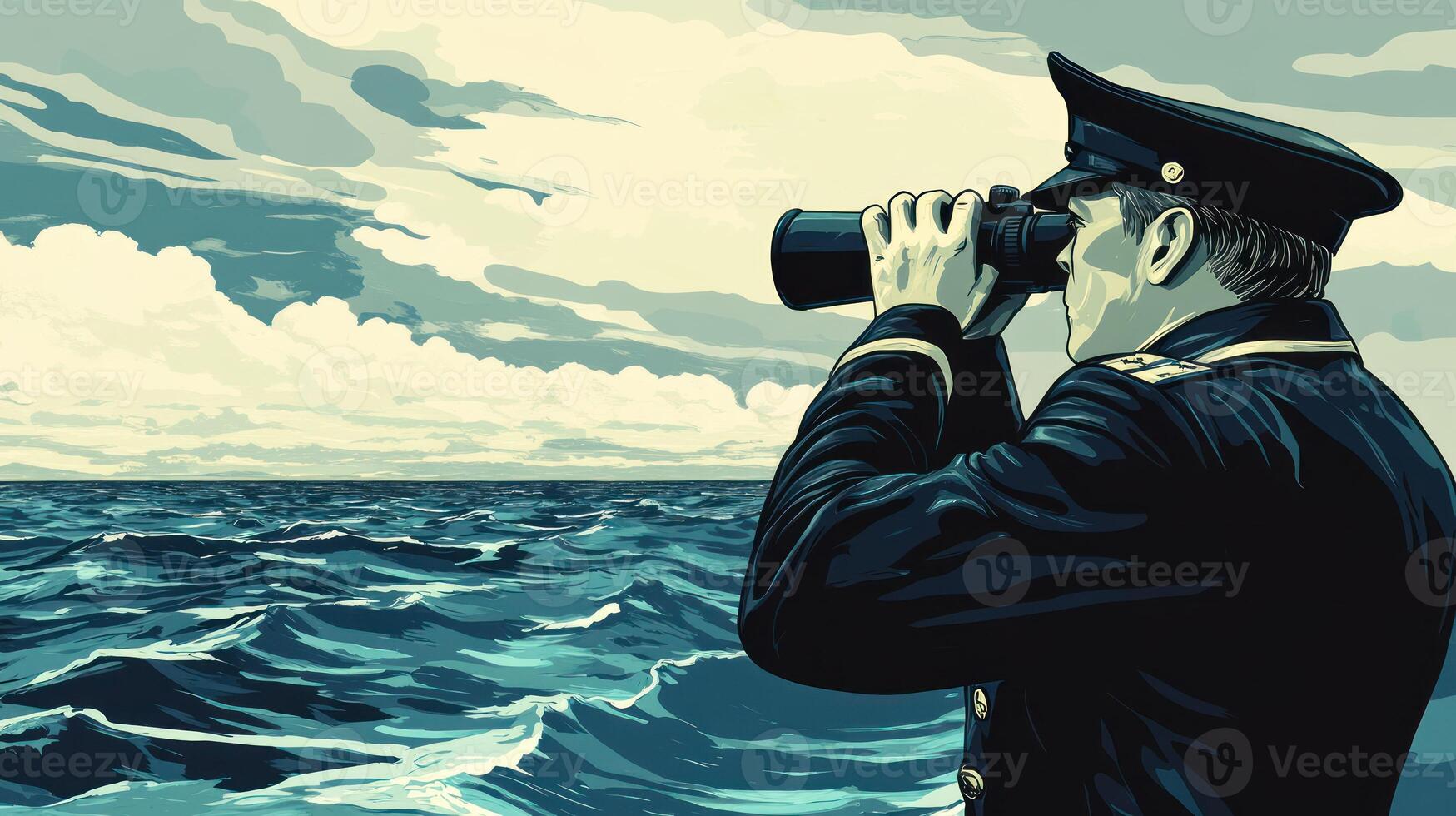 A navy officer surveys the ocean with binoculars against a dramatic sky. photo