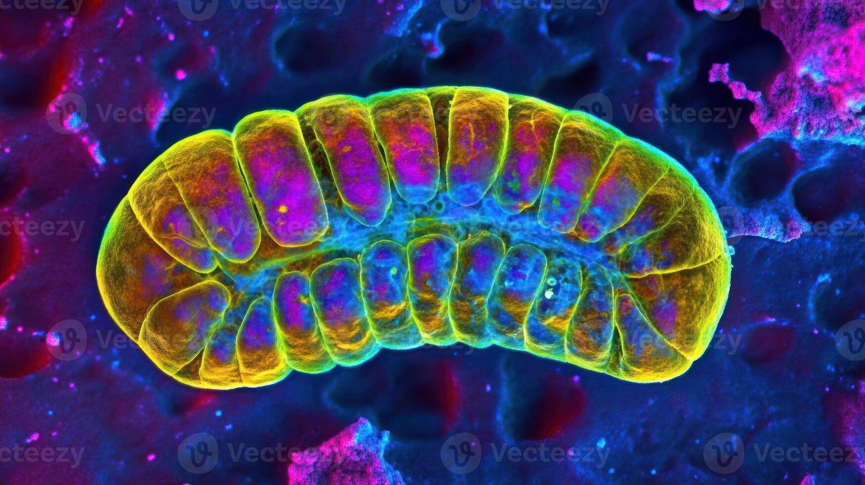 A vibrant microscopic view of mitochondria showcasing energy production. photo