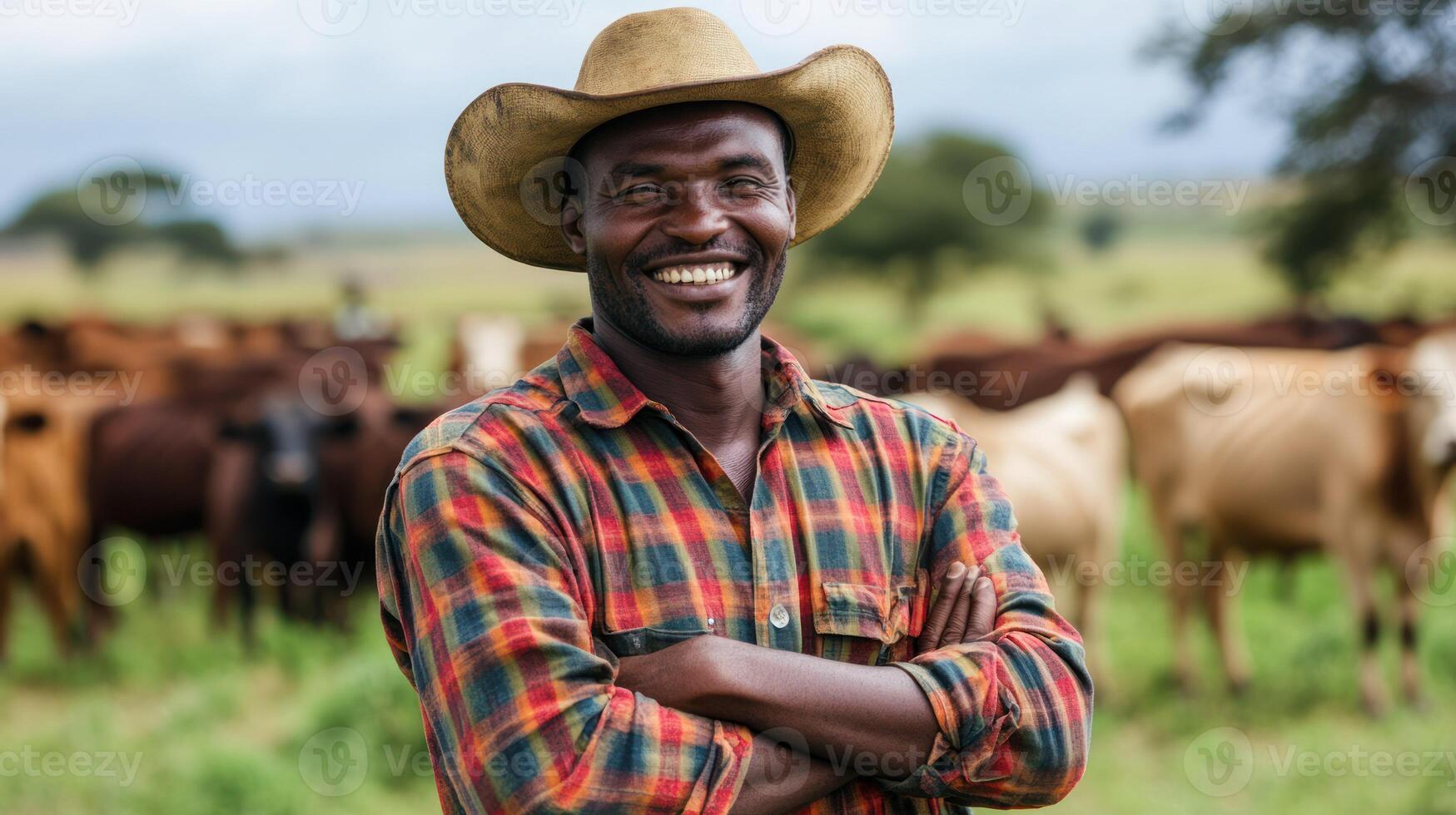 A smiling farmer in a checkered shirt stands amidst grazing cattle. photo