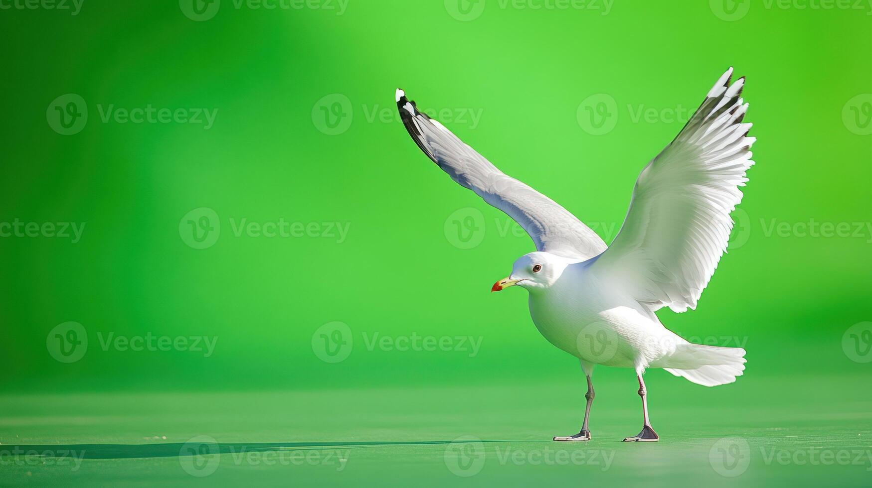 A seagull with wings spread against a vibrant green background. photo