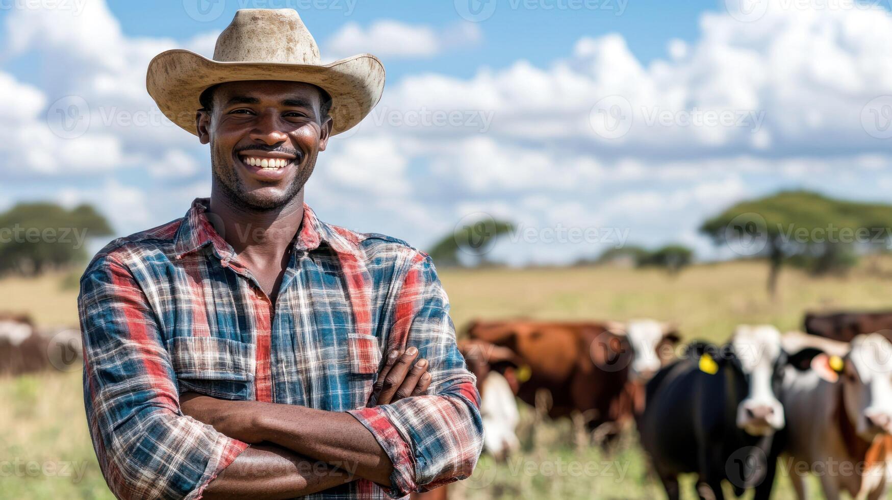 A smiling farmer stands proudly among grazing cattle in a sunny field. photo