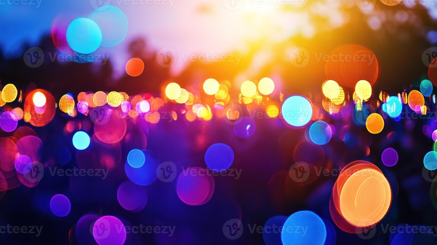 A vibrant bokeh background of colorful lights at twilight. photo
