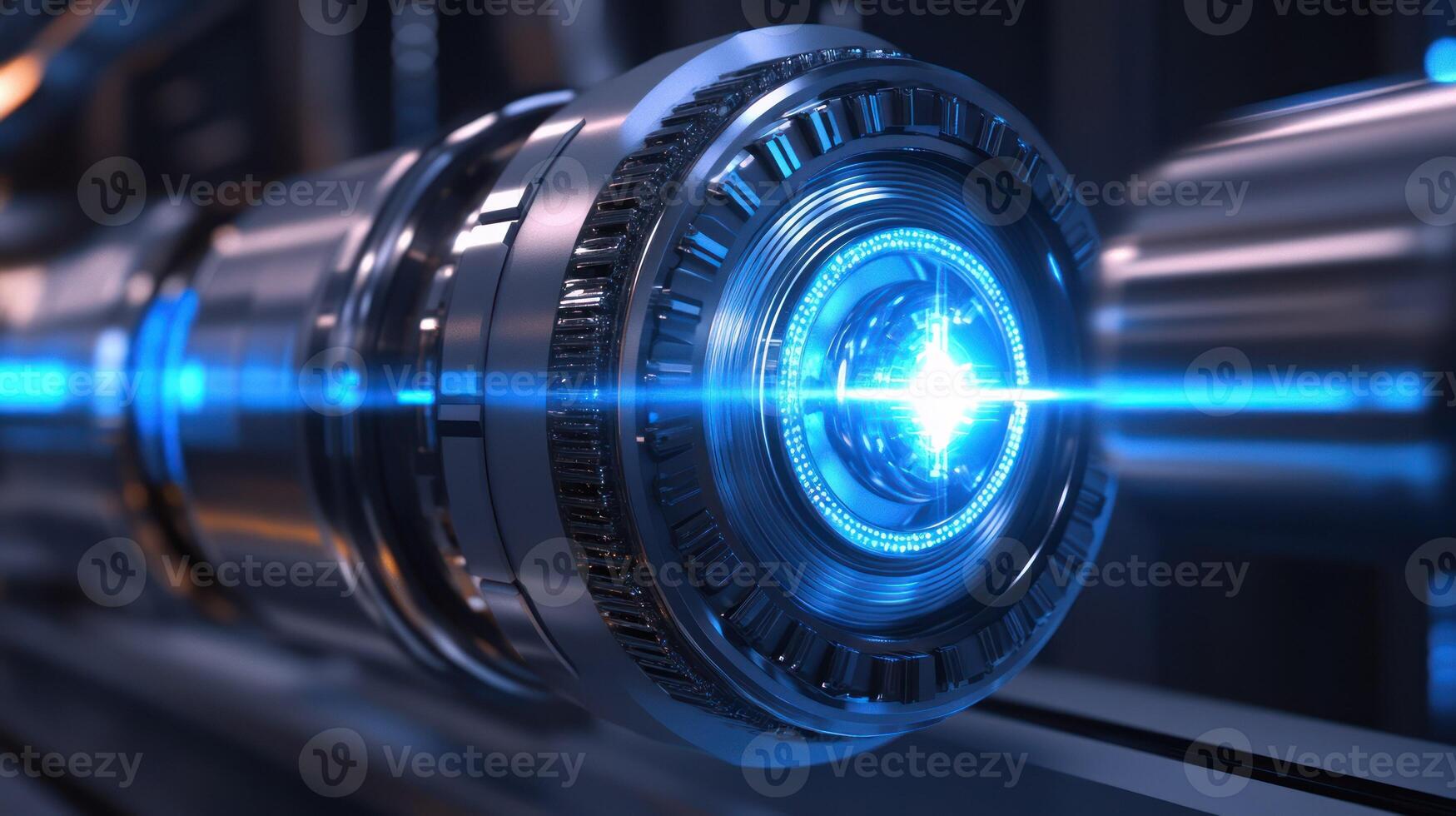 A close up view of a futuristic metallic object with blue light. photo