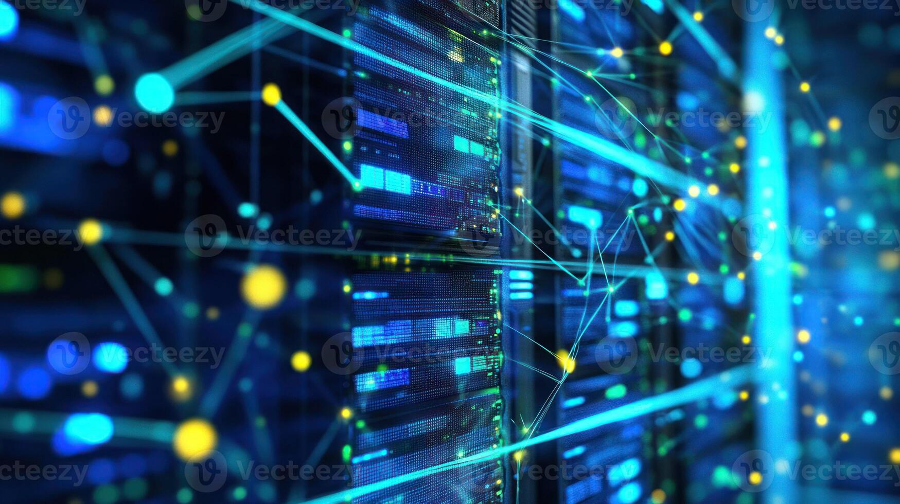 Futuristic data center with illuminated server racks and connections. photo