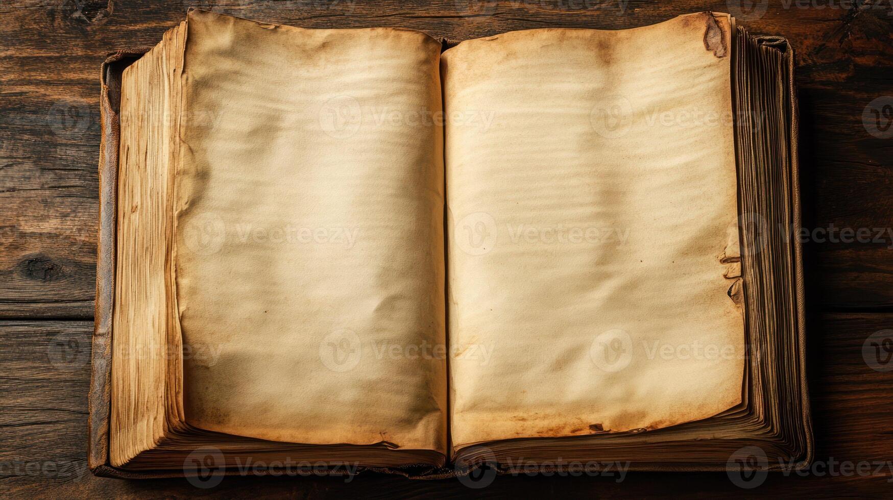 An open vintage book with blank pages resting on a wooden surface. photo