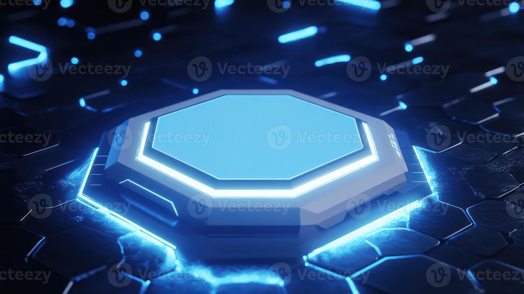 Futuristic hexagonal platform glowing in a digital blue atmosphere. photo