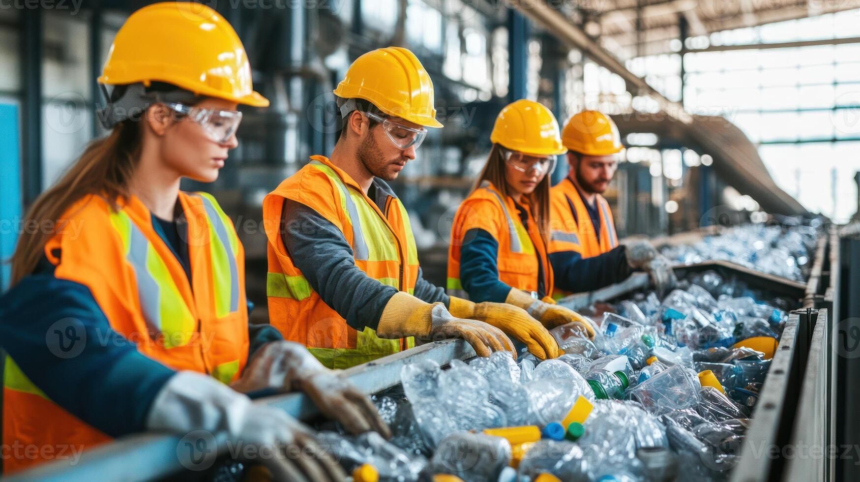 Workers efficiently sorting plastic for recycling in a vibrant factory. photo