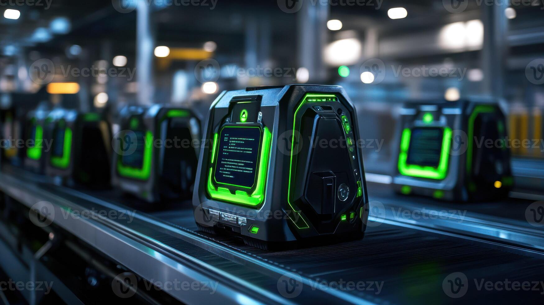 Futuristic machinery with green accents on a modern production line. photo