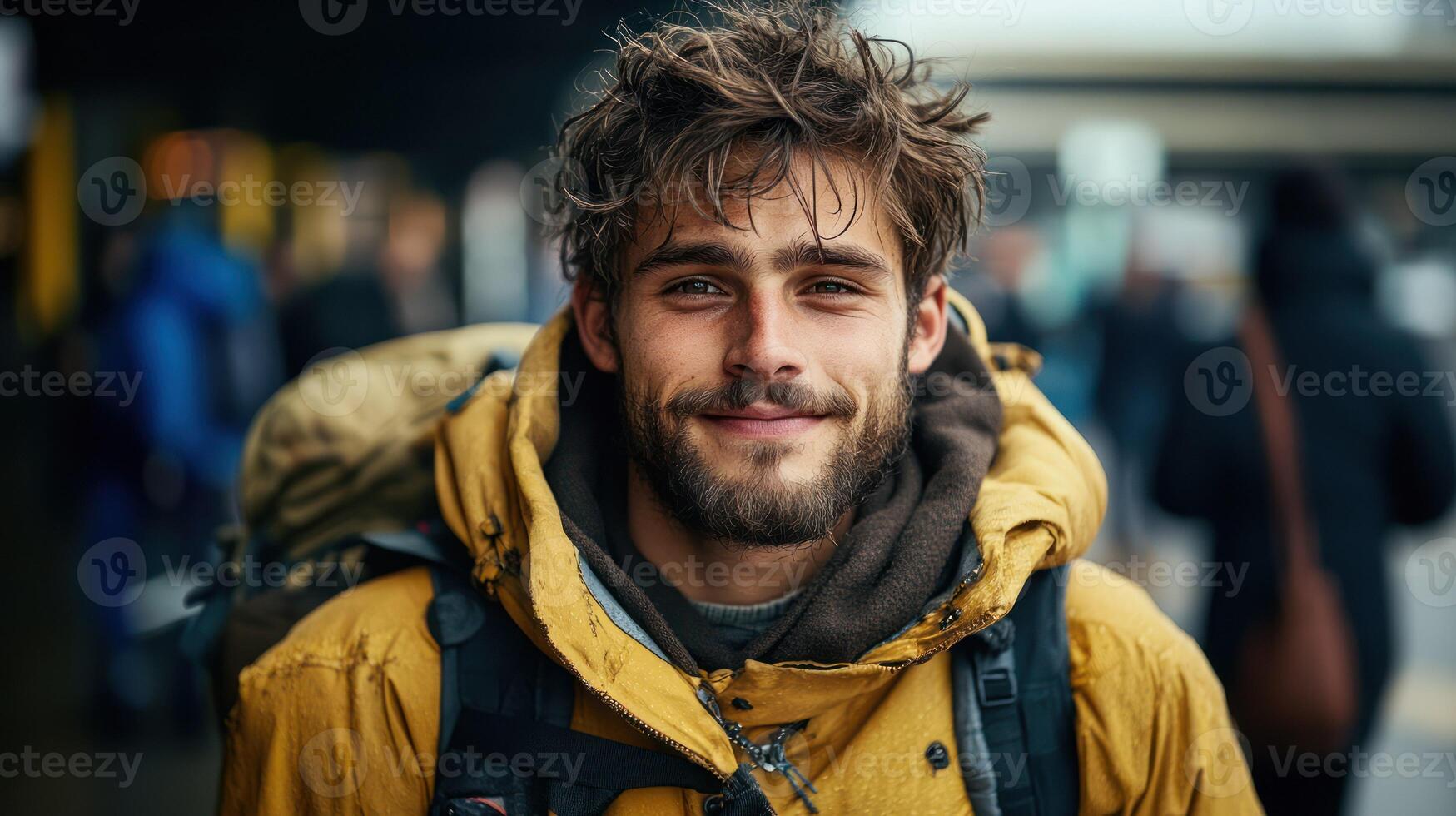 A smiling young man with a backpack captures the spirit of adventure. photo