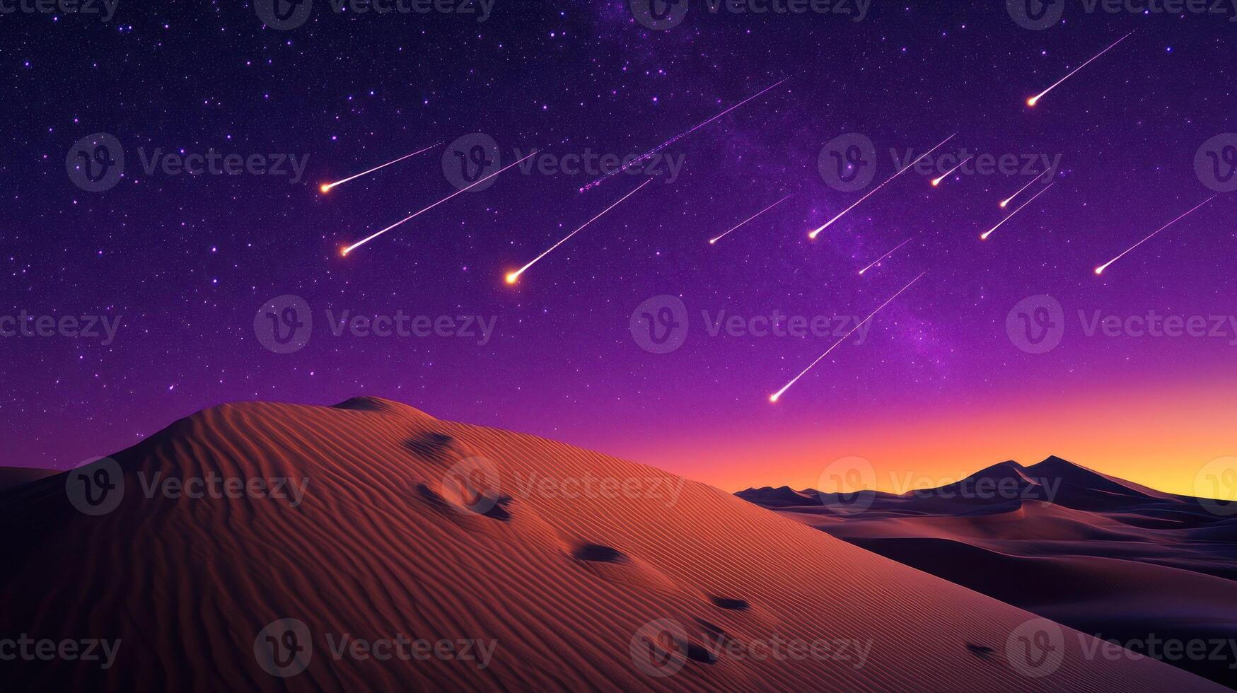 A mystical desert night with meteors streaking across a purple sky. photo