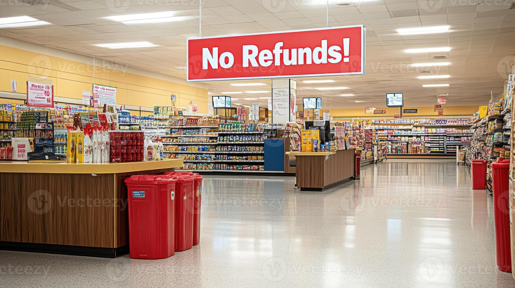 A spacious supermarket interior with a prominent No Refunds sign. photo