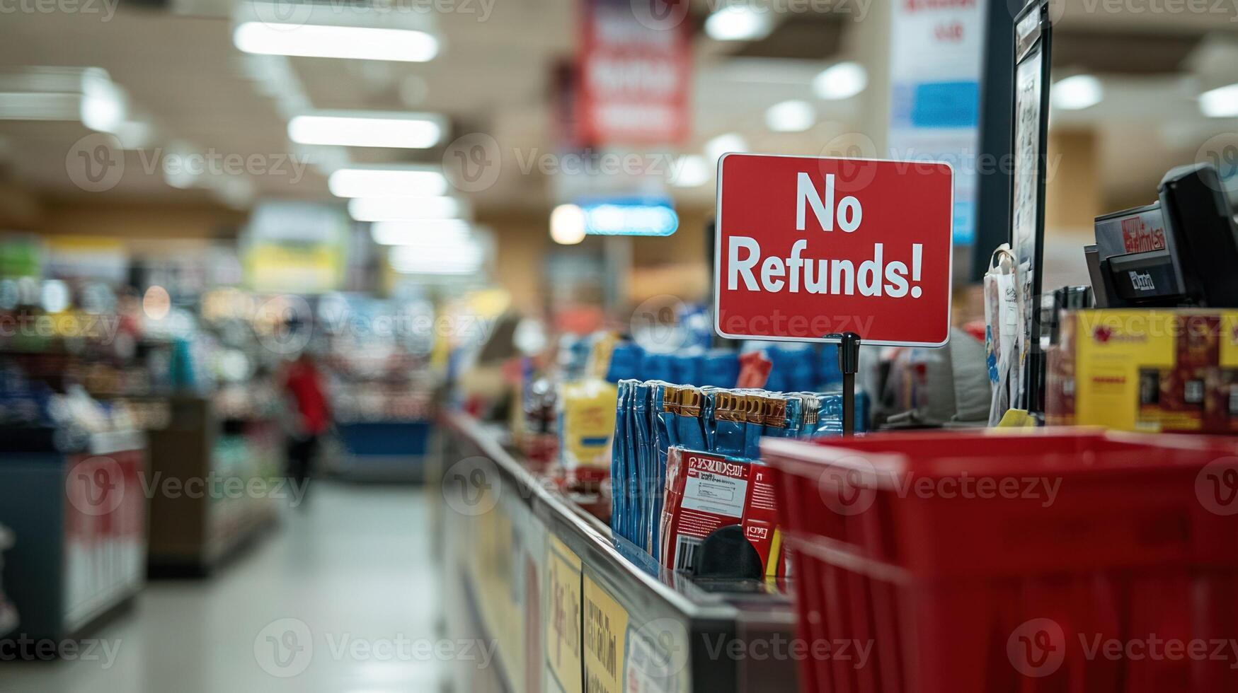 A retail checkout area featuring a prominent refund warning sign. photo