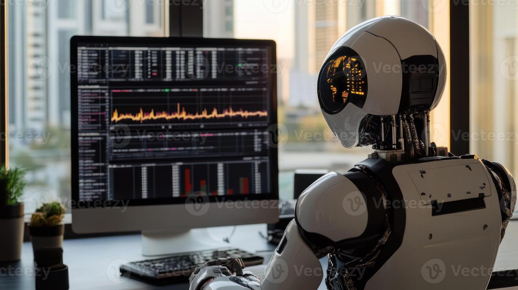 A robotic figure examining financial data on a sleek computer. photo