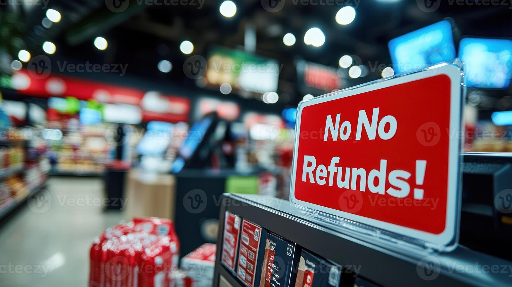 A clear sign stating 'No Refunds' in a busy retail store. photo