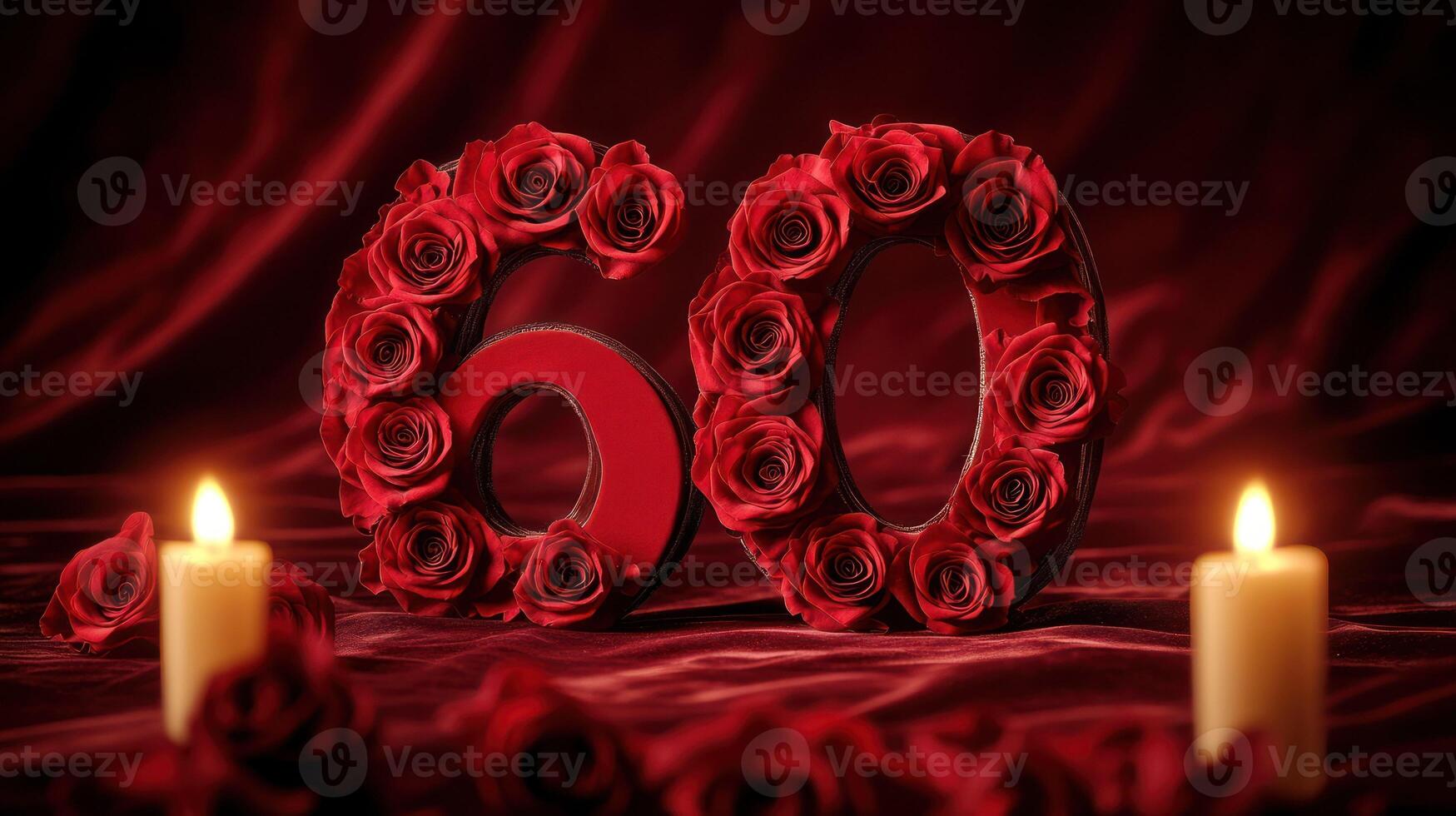 A romantic candlelit display featuring the number 60 adorned with roses. photo