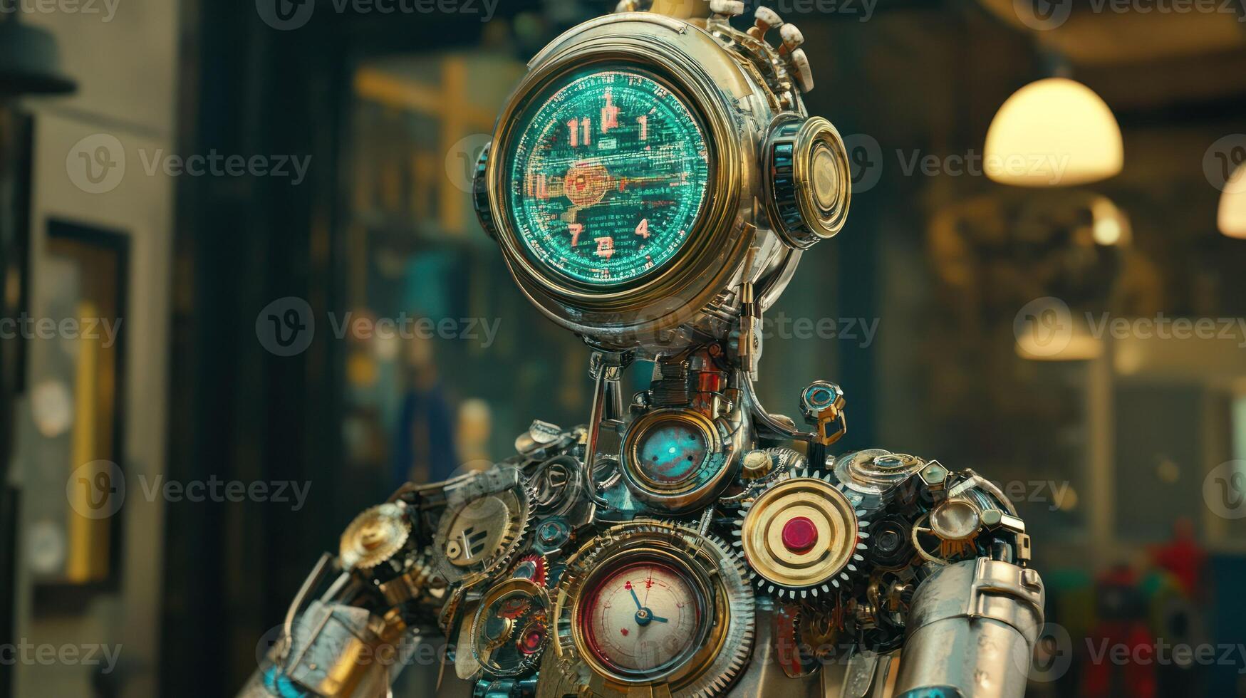 A whimsical steampunk robot adorned with clocks and intricate gears. photo