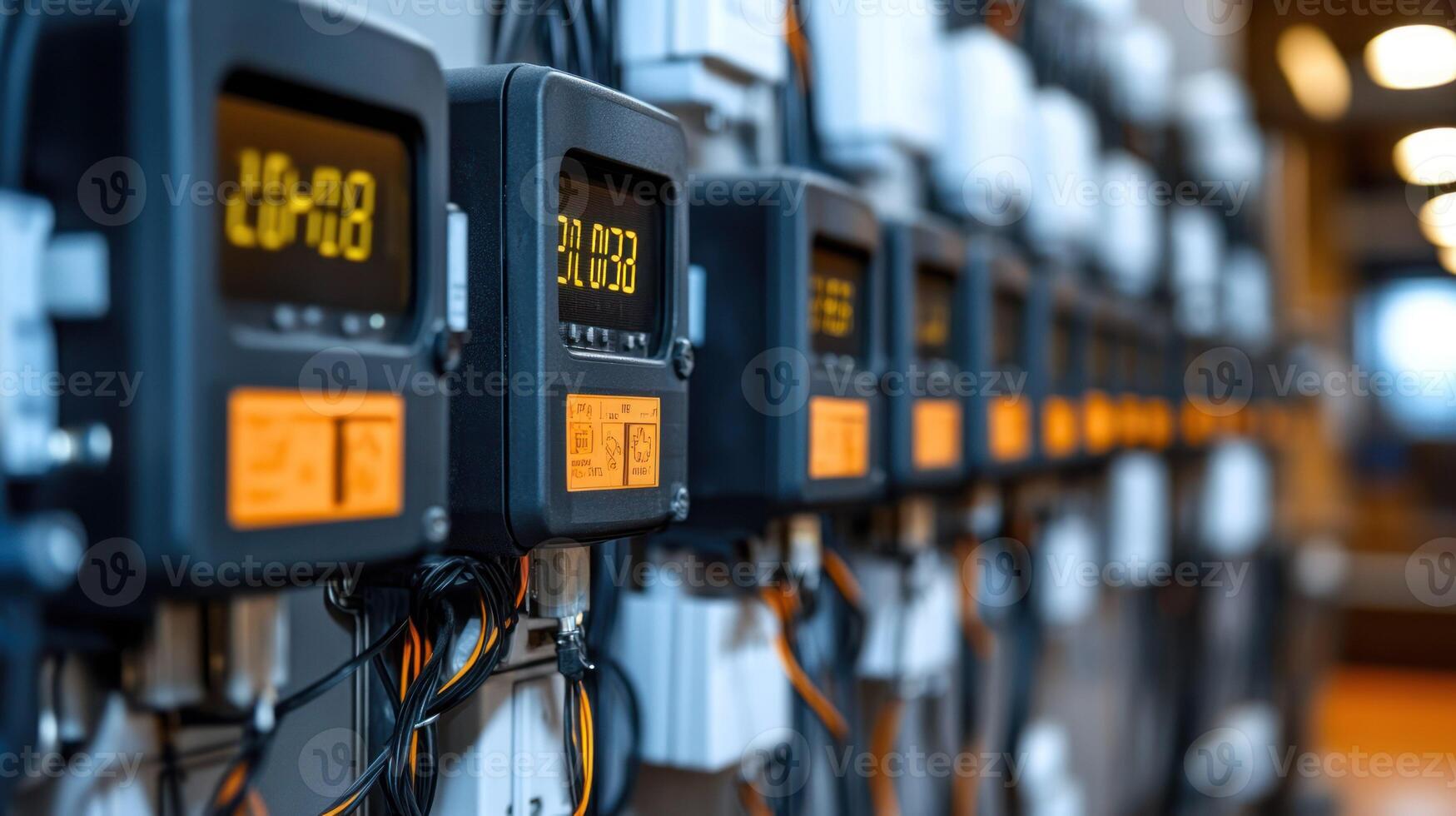 Close-up of digital energy meters on a wall with a modern industrial feel. photo