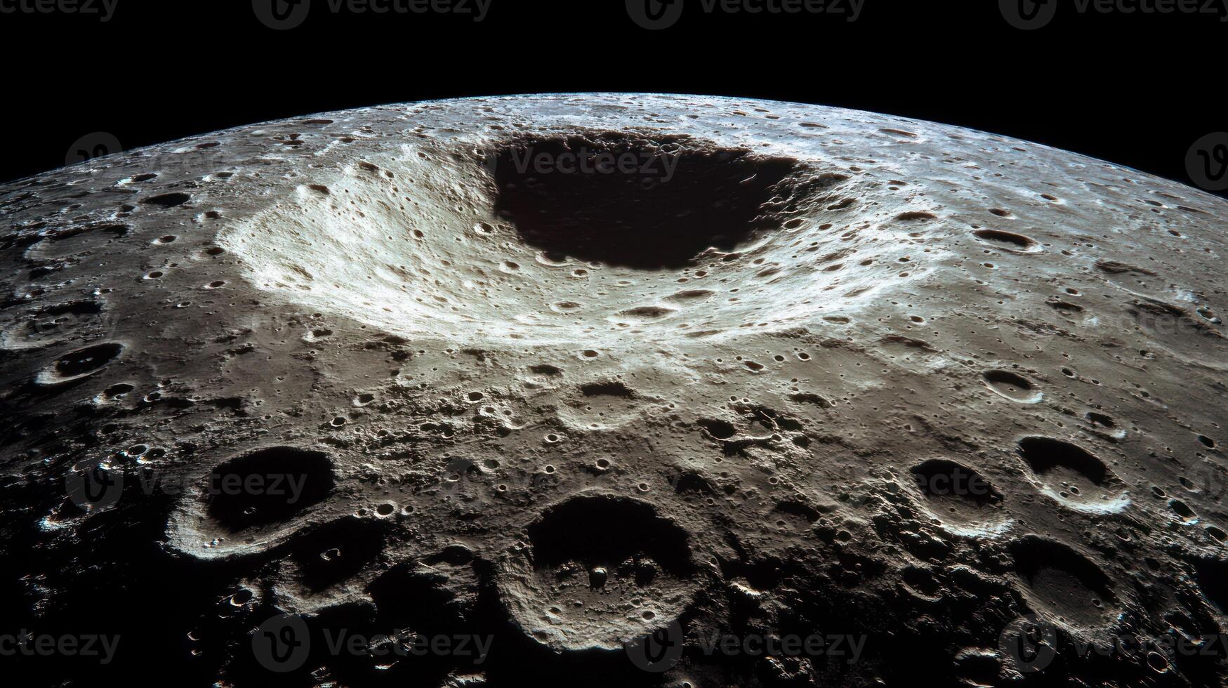 Detailed view of a moon crater with a dramatic lunar landscape. photo