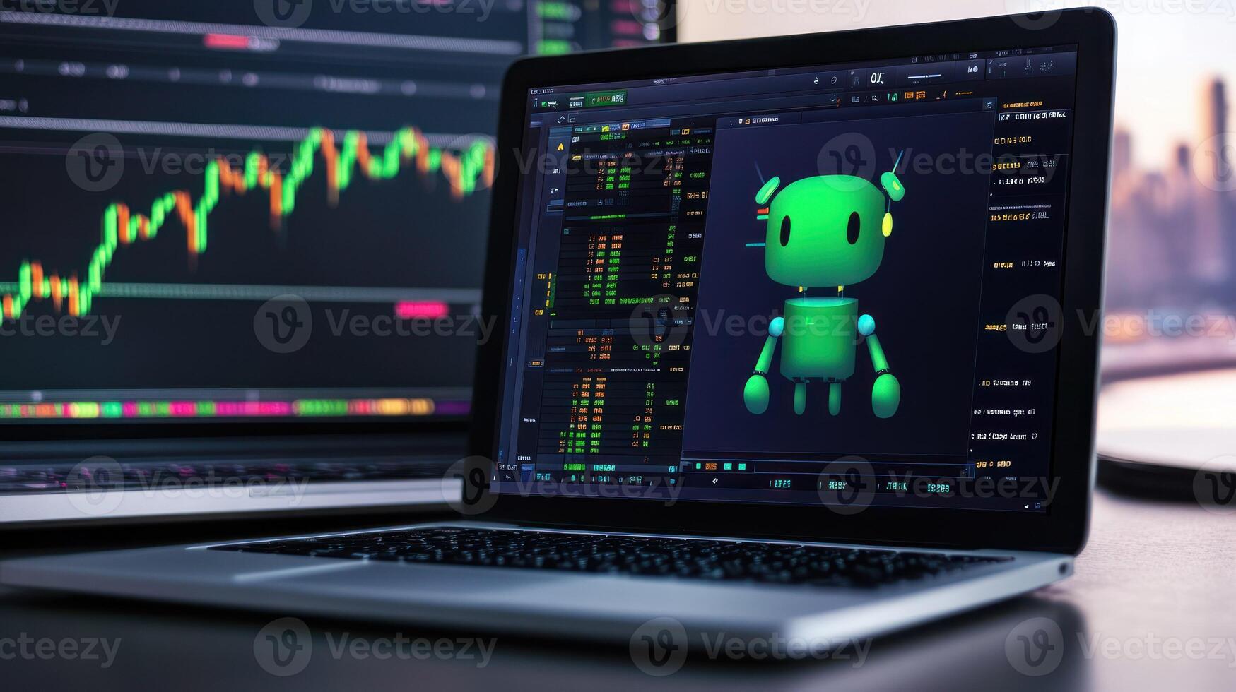 A sleek laptop displaying a trading interface with a digital robot. photo