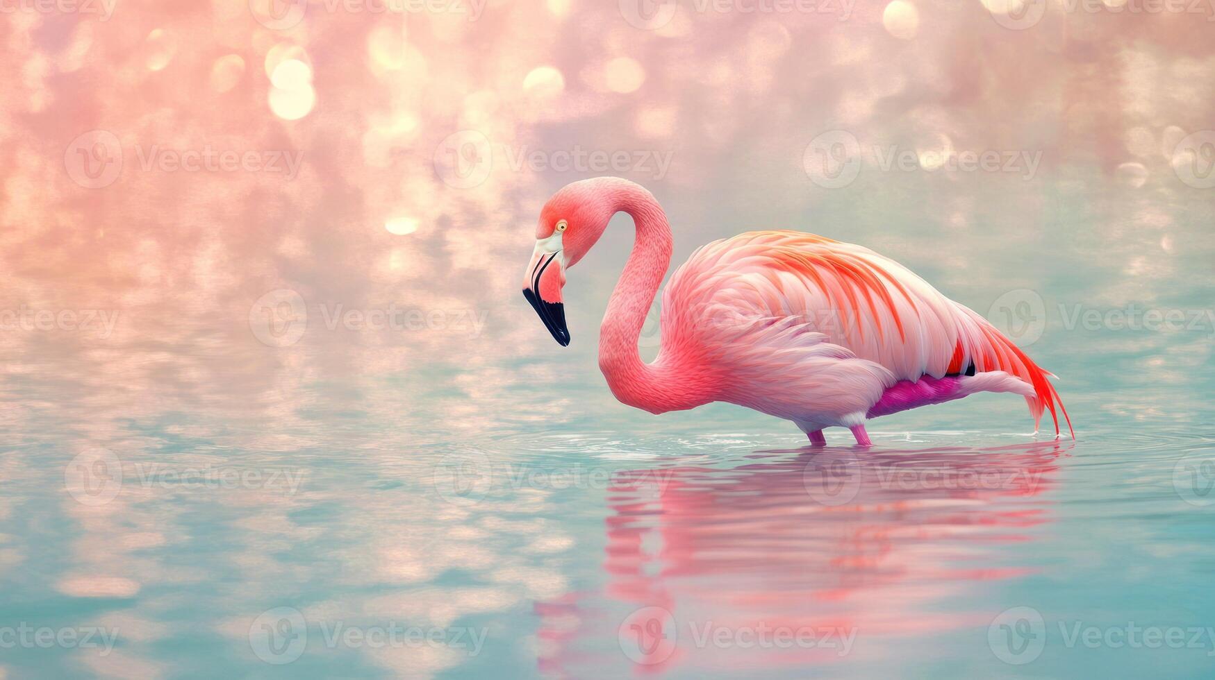 A serene pink flamingo wading in tranquil waters at sunset. photo