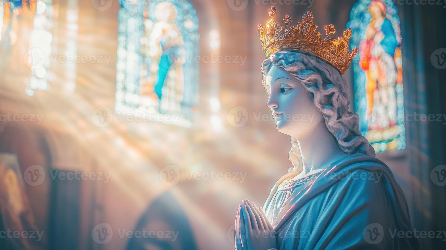 A serene statue of a crowned figure bathed in soft light. photo