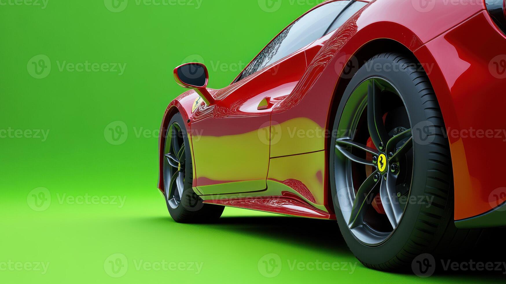 A sleek red Ferrari with a vibrant green background. photo