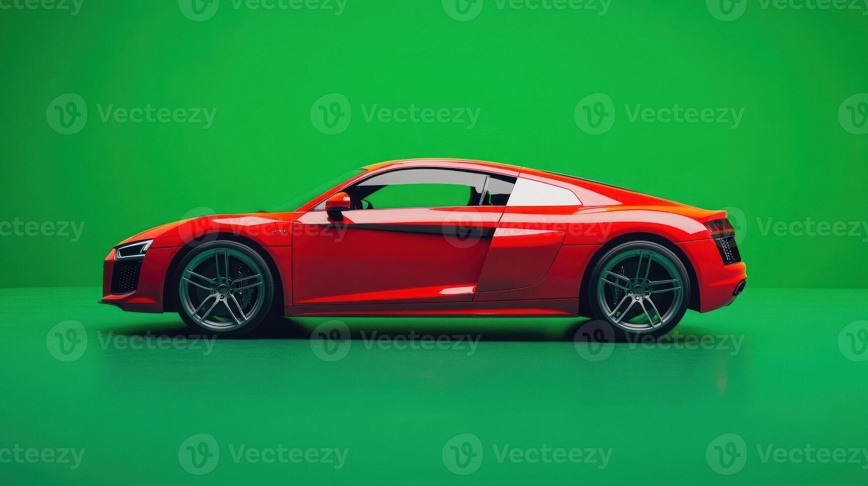 A sleek red sports car on a vibrant green backdrop. photo