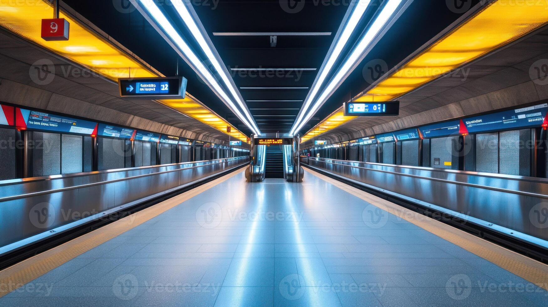A modern subway station with sleek design and bright lighting. photo