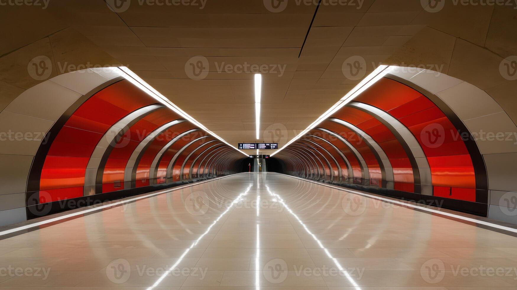 A modern, empty subway corridor with striking red and sleek lines. photo