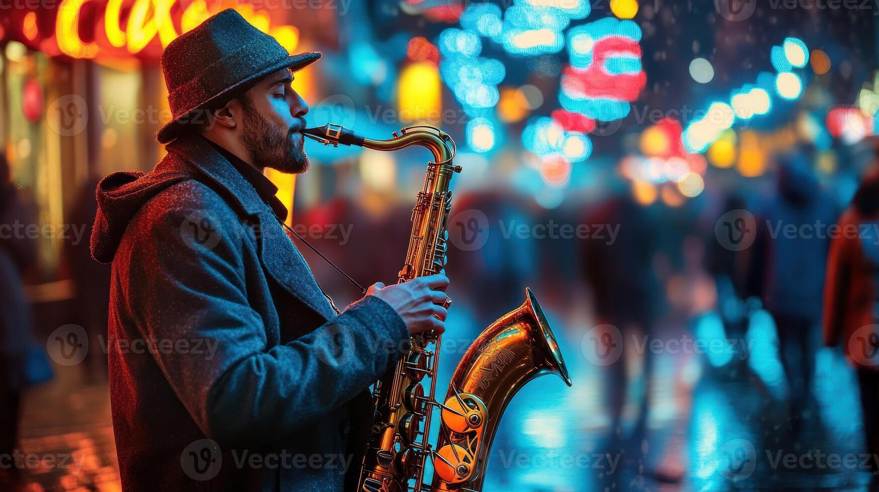 A saxophonist plays passionately amidst colorful city lights in the rain. photo
