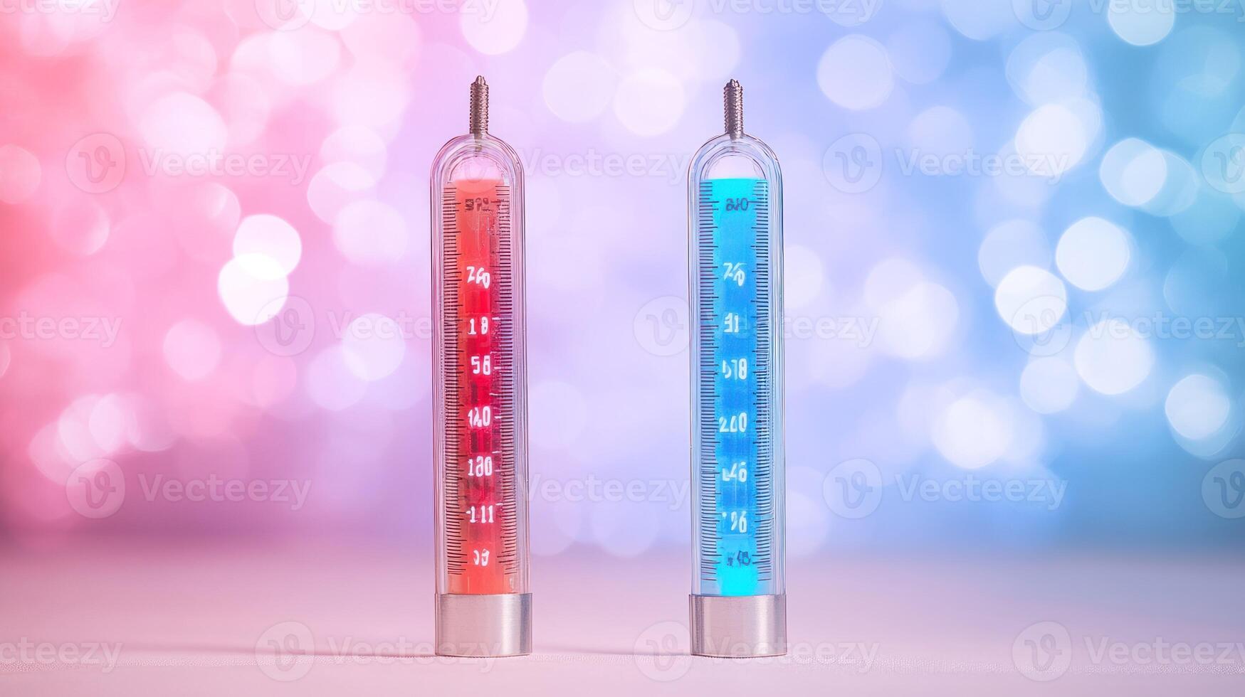 Two thermometers showcasing contrasting colors against a soft backdrop. photo