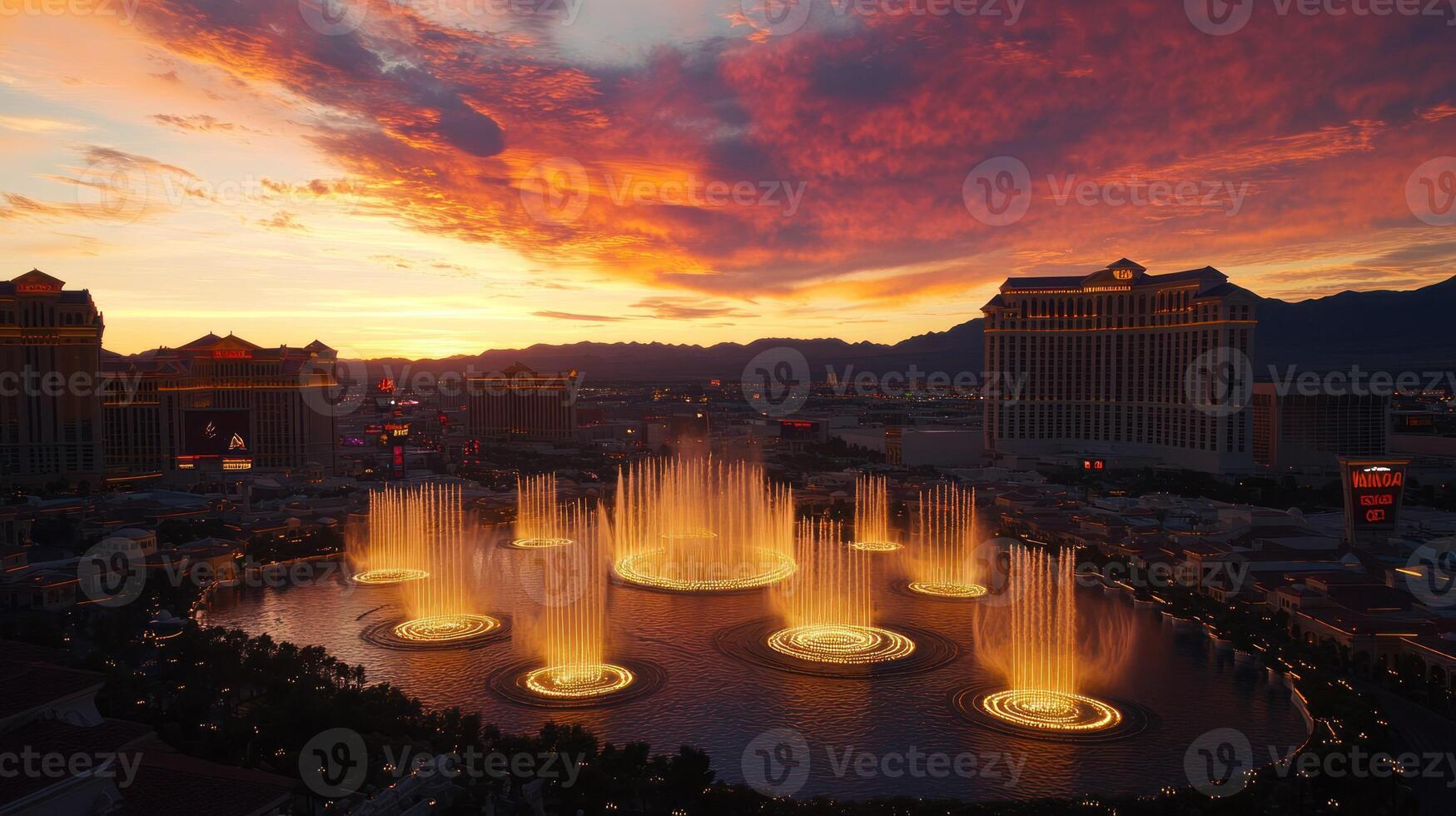 Dramatic sunset over Vegas fountains creating a vibrant, colorful scene. photo