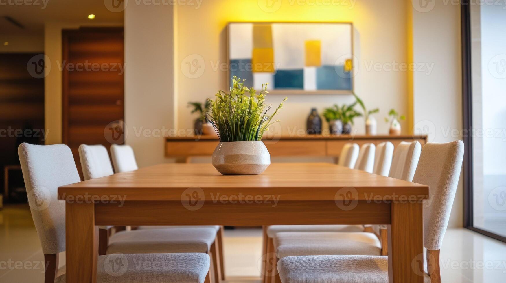 A modern dining room with a simple wooden table and elegant decor. photo