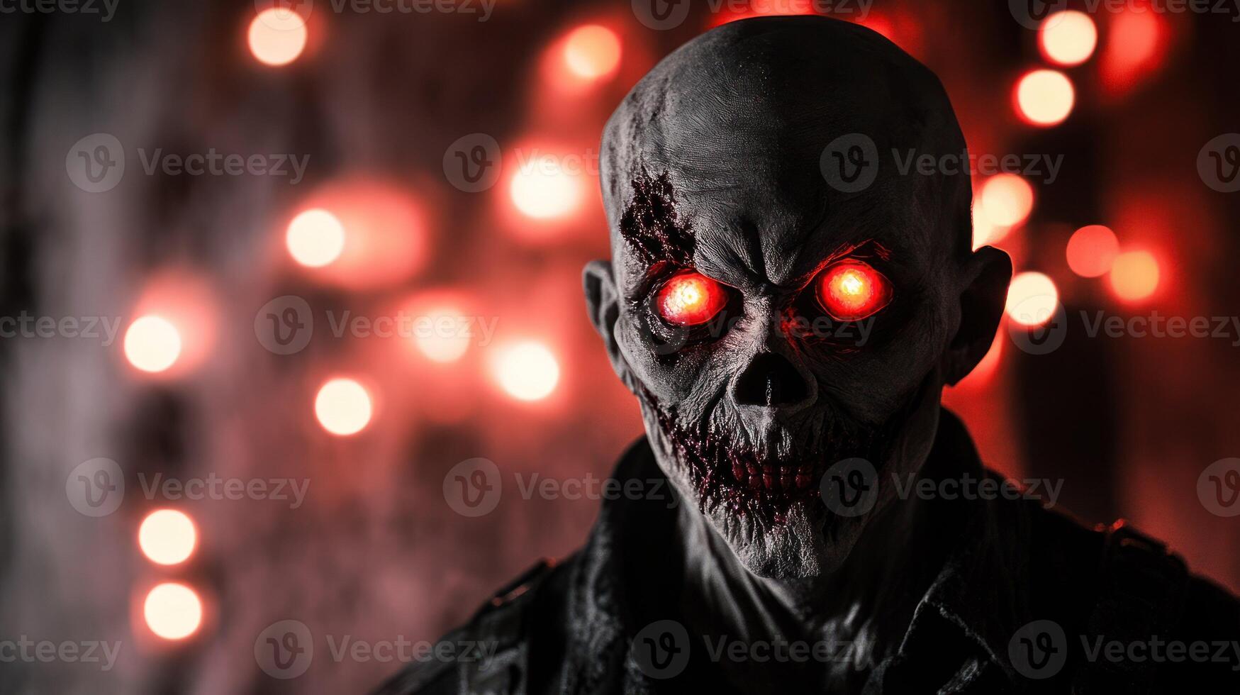 A menacing zombie figure with glowing red eyes against a dark backdrop. photo
